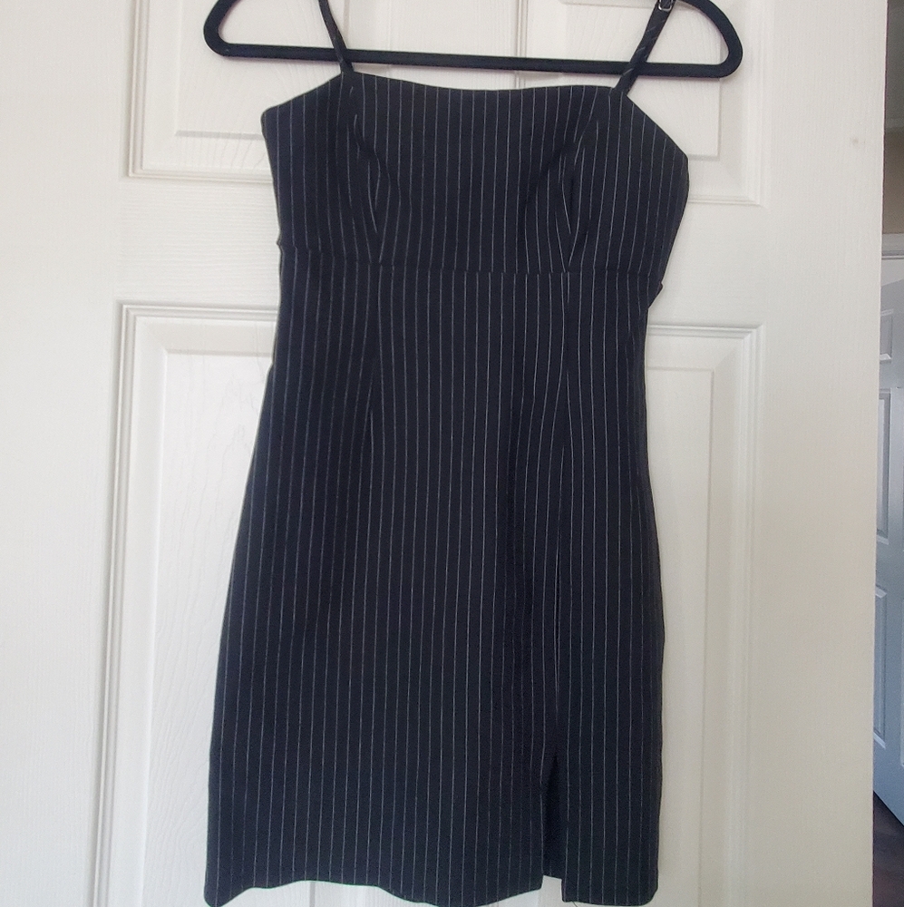 Black Pinstripe Dress With Leg Slit